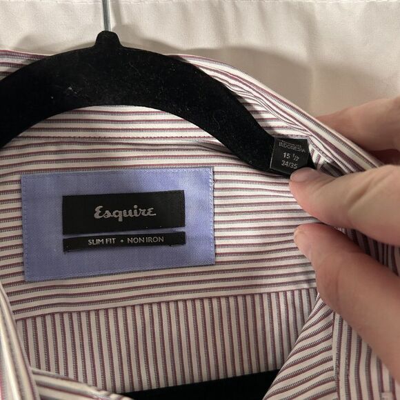 Esquire Dress Shirt Mens 15.5 34 35 White Red Striped Button Up Long Sleeve - Picture 4 of 9